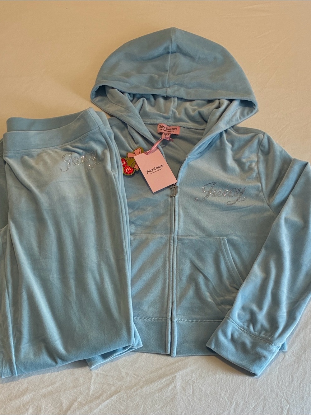 Juicy Couture Light Blue Velour Hoodie & Pants Set with Sparkle Logo